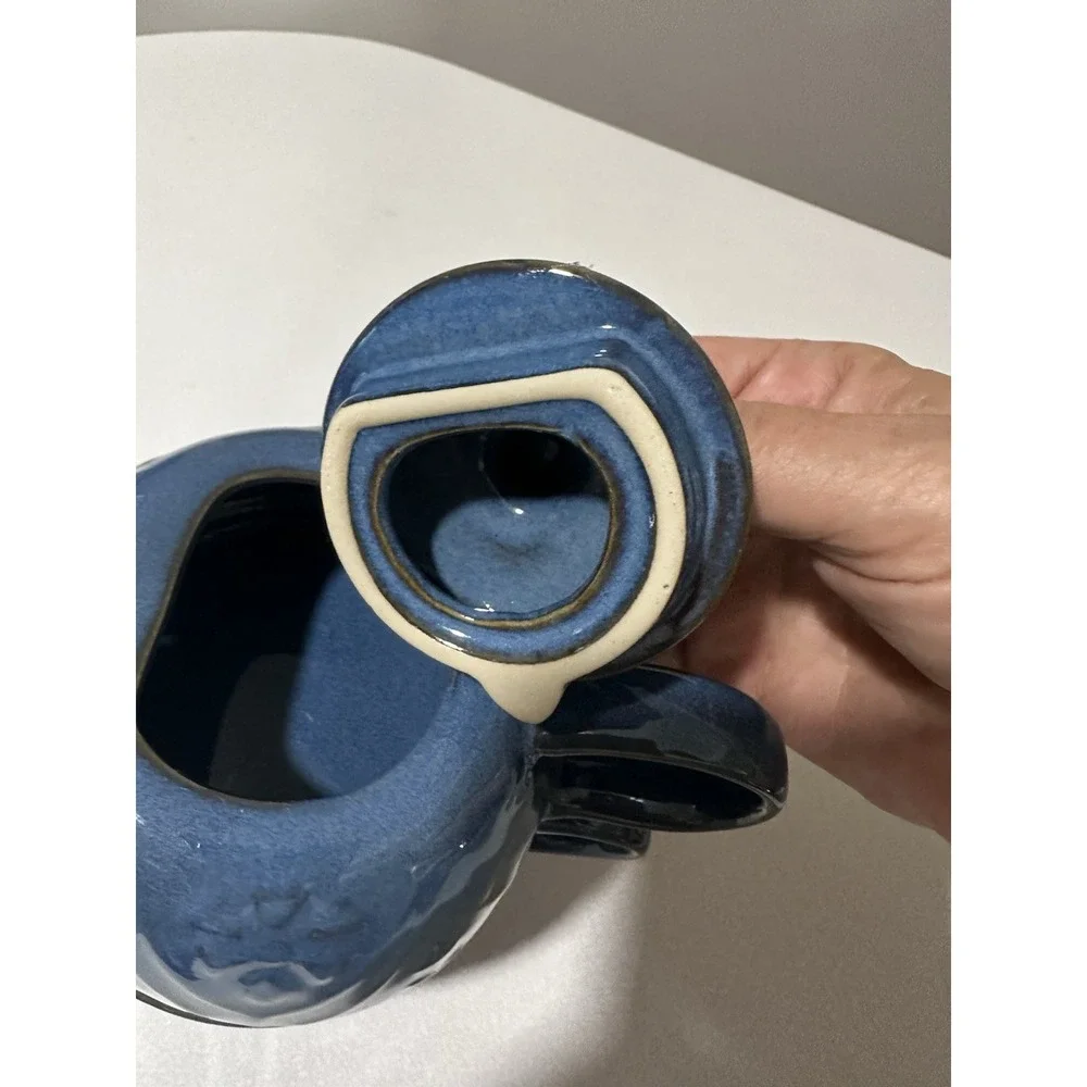 Pier 1 Blue Glazed Stoneware Teapot for One Set Cup w Lid Embossed Floral Boho